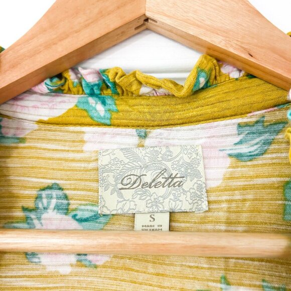 Anthropologie Deletta Mustard Floral Ruffle Sleeve Henley Top Blouse Size Small - Picture 2 of 5